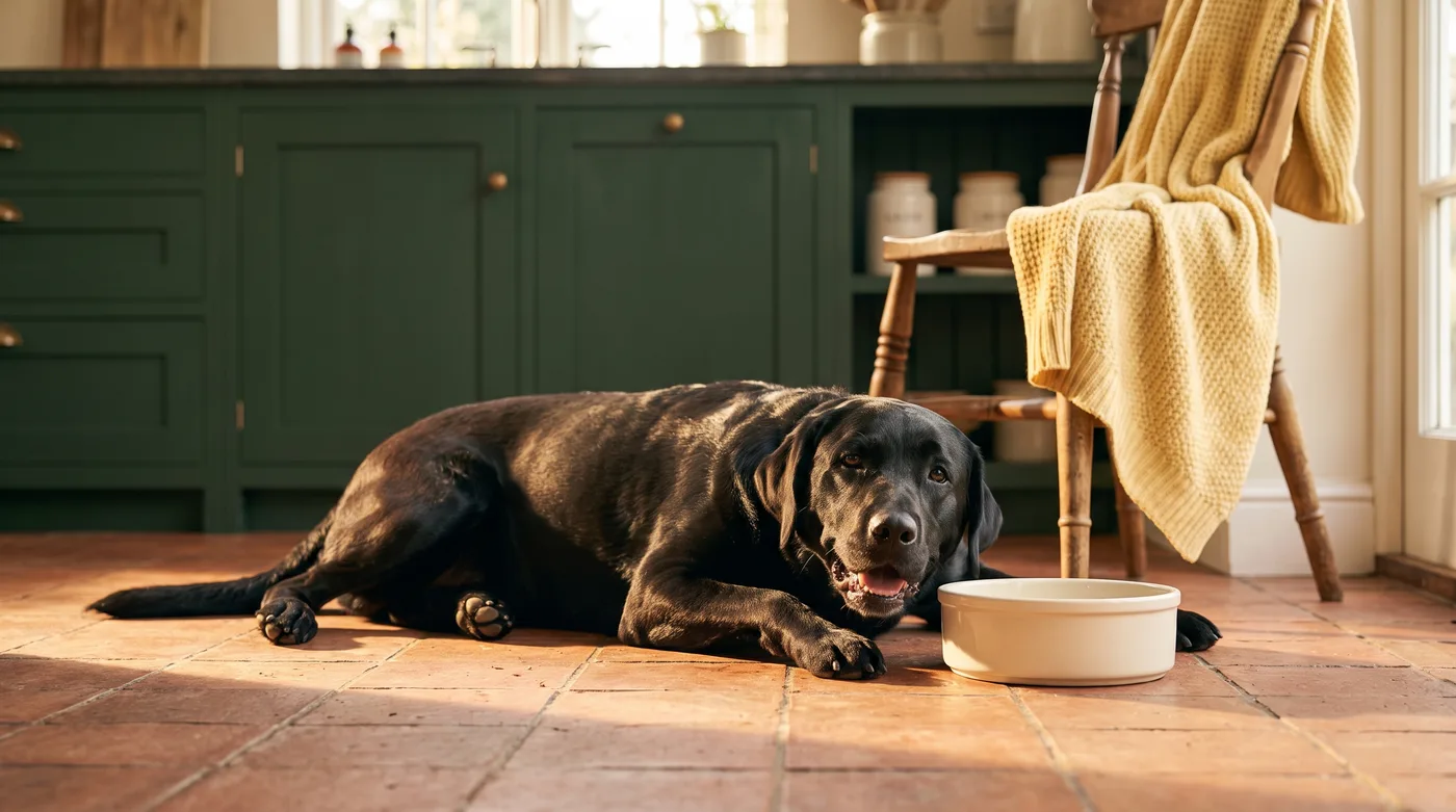 A glossy-coated labrador beside a licked-clean bowl in the morning sun