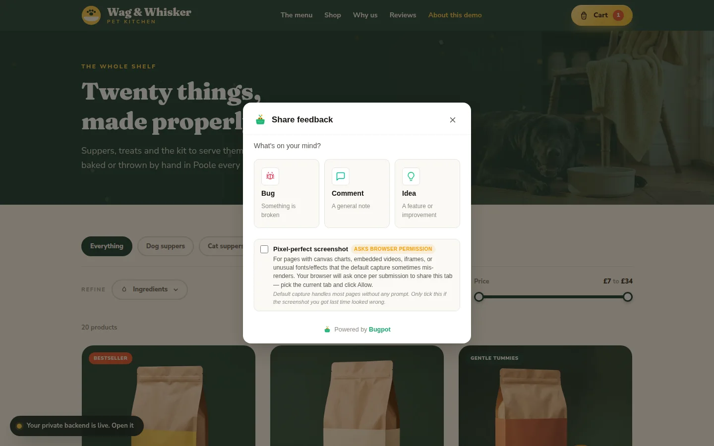 The Bugpot widget open on the Wag & Whisker demo shop with the report type picker showing