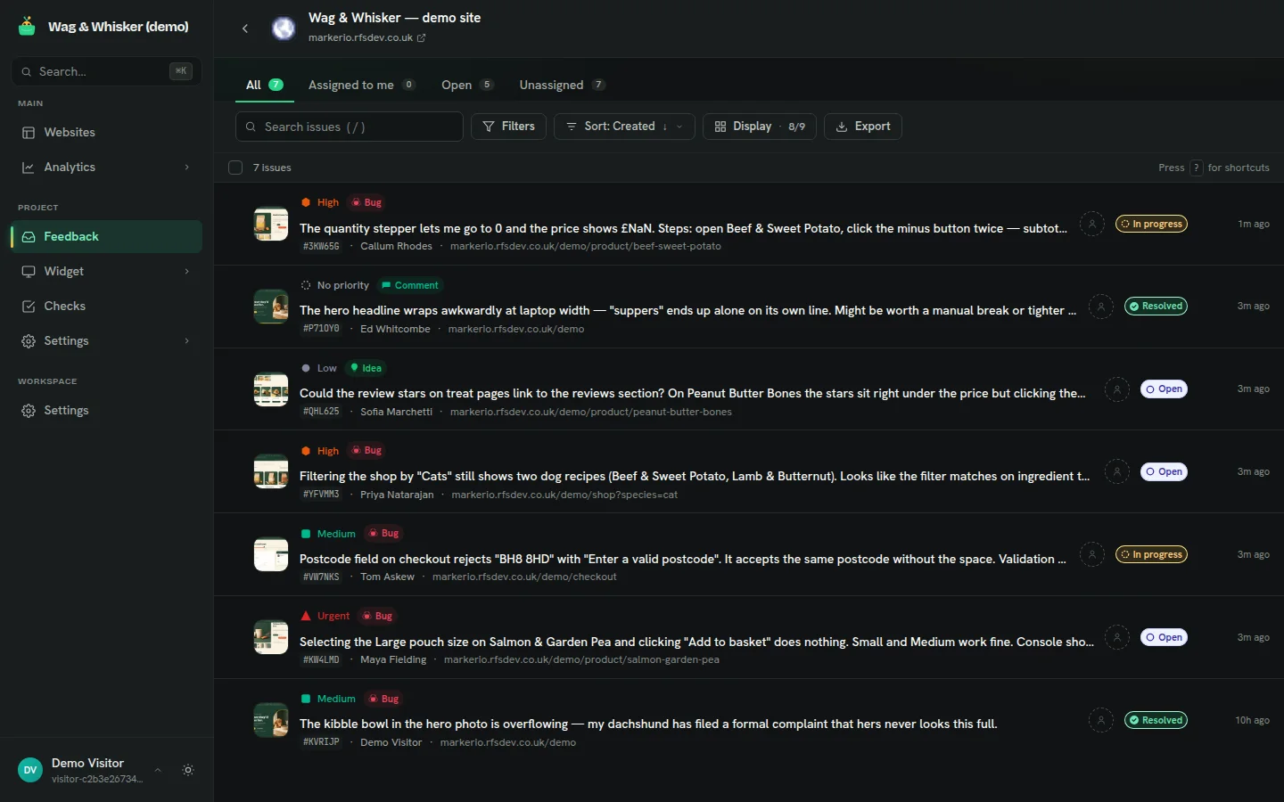 The Bugpot triage inbox with statuses, priorities and screenshot thumbnails